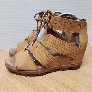 SOREL Leather Joanie II Lace Wedge Sandals Carmel Brown Size 9.5
